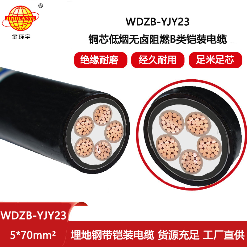 金環宇電線電纜 b類阻燃鎧裝電纜 無鹵低煙電力電纜WDZB-YJY23-5X70平方