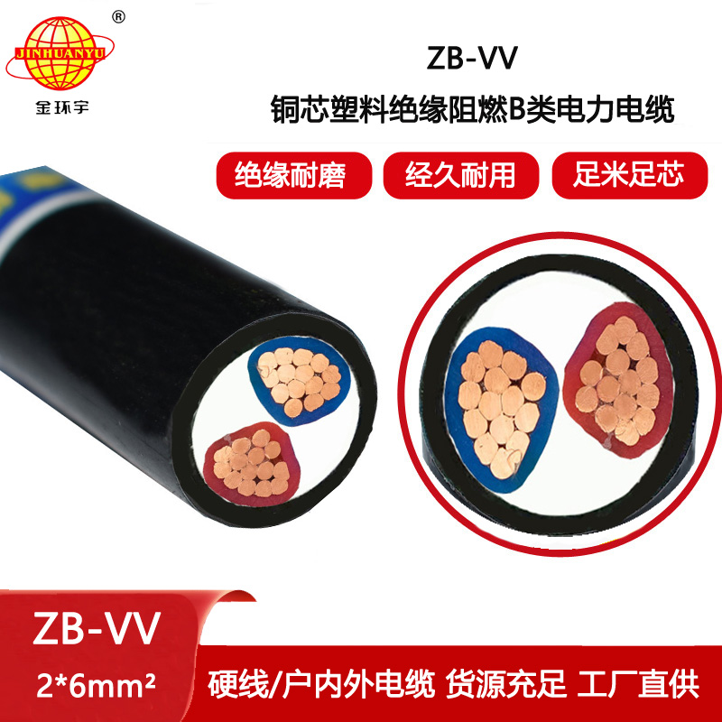 金環宇電線電纜 深圳B級阻燃電力電纜ZB-VV 2X6 交聯電纜vv